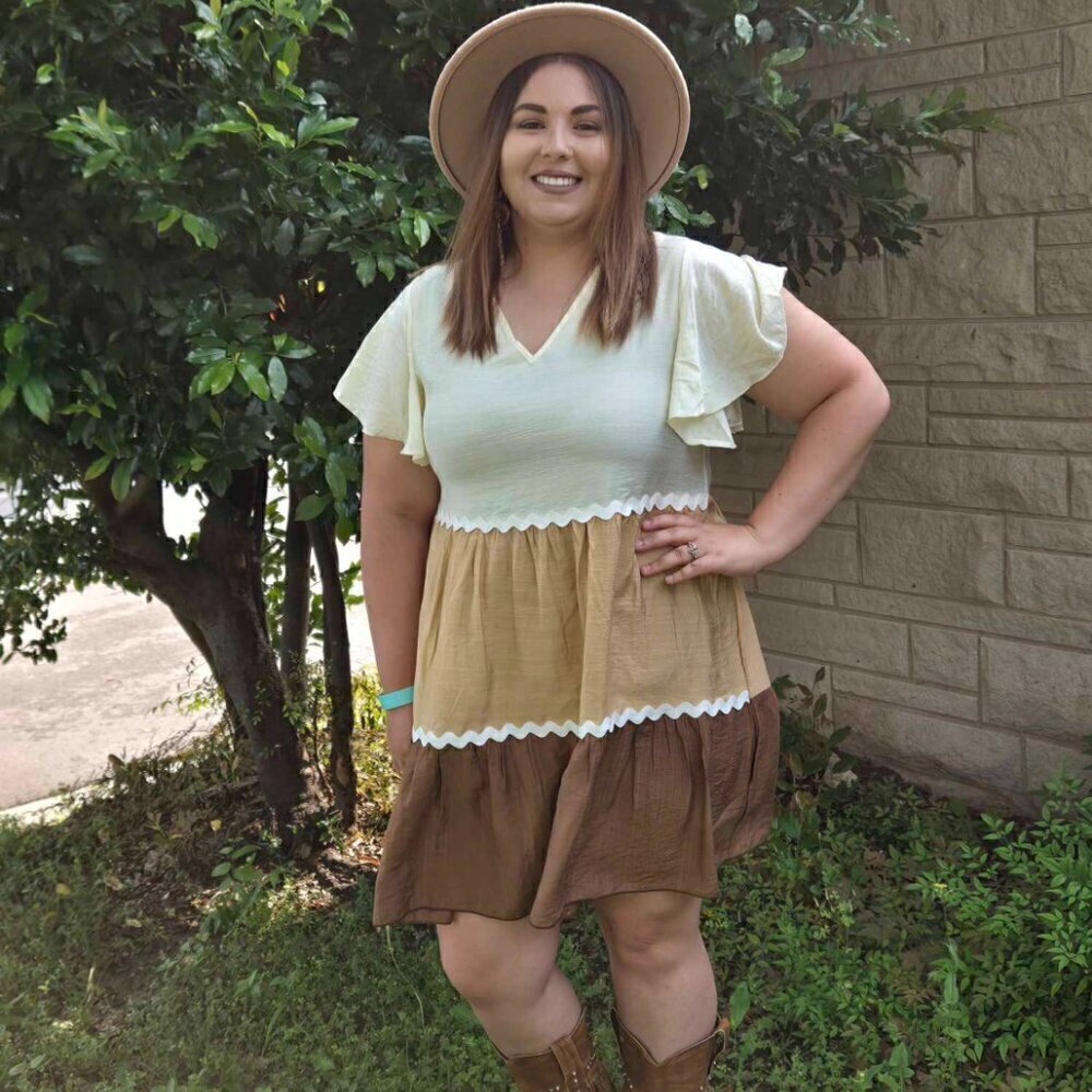 Mini Dress Brown Cream Color Block Tiered with Rick Rack Details